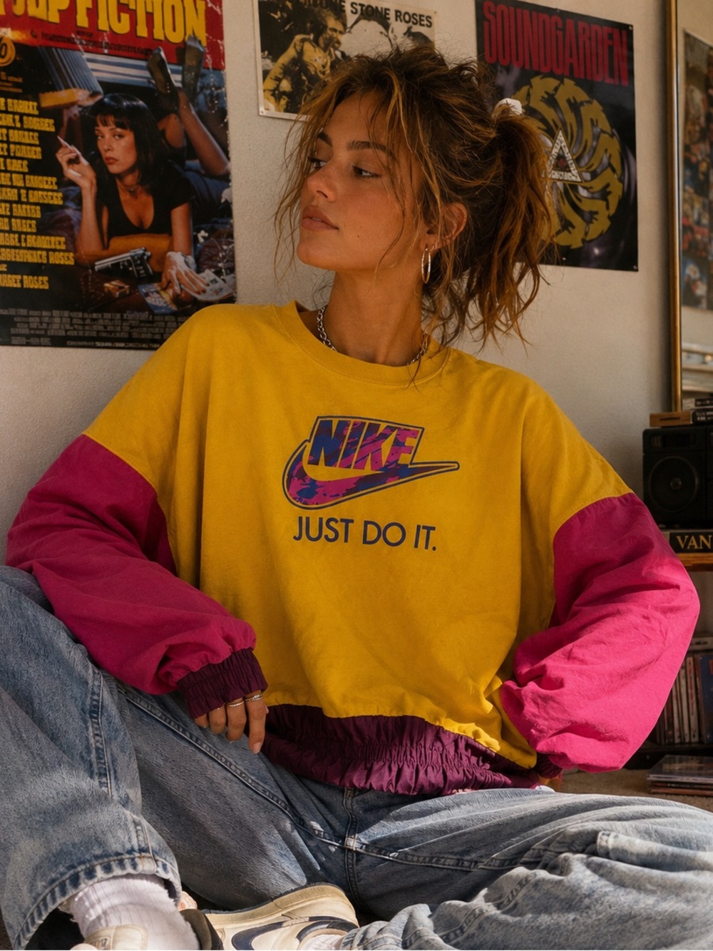 Nike Cropped Colorblock Sweatshirt Yellow Pink Retro Y2K M 90s vintage